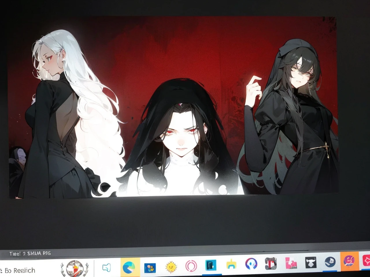 Make an anime poster, has 4 women in it, on the left side a classy dressed beauty with only the colors red and white, has an angelic presence but a demonic personality, she wears a hat on her head and a long mature gown. On the middle, a millitary general with black and white hair, and a blindfold covering her eyes. Behind her in the back, a woman faded in the background, only her eyes red Phoenix can be seen. Finally at the very right side a nun with a blindfold and a church nun fantasy black dress, holding her hands together symbolizing a prayer gesture.