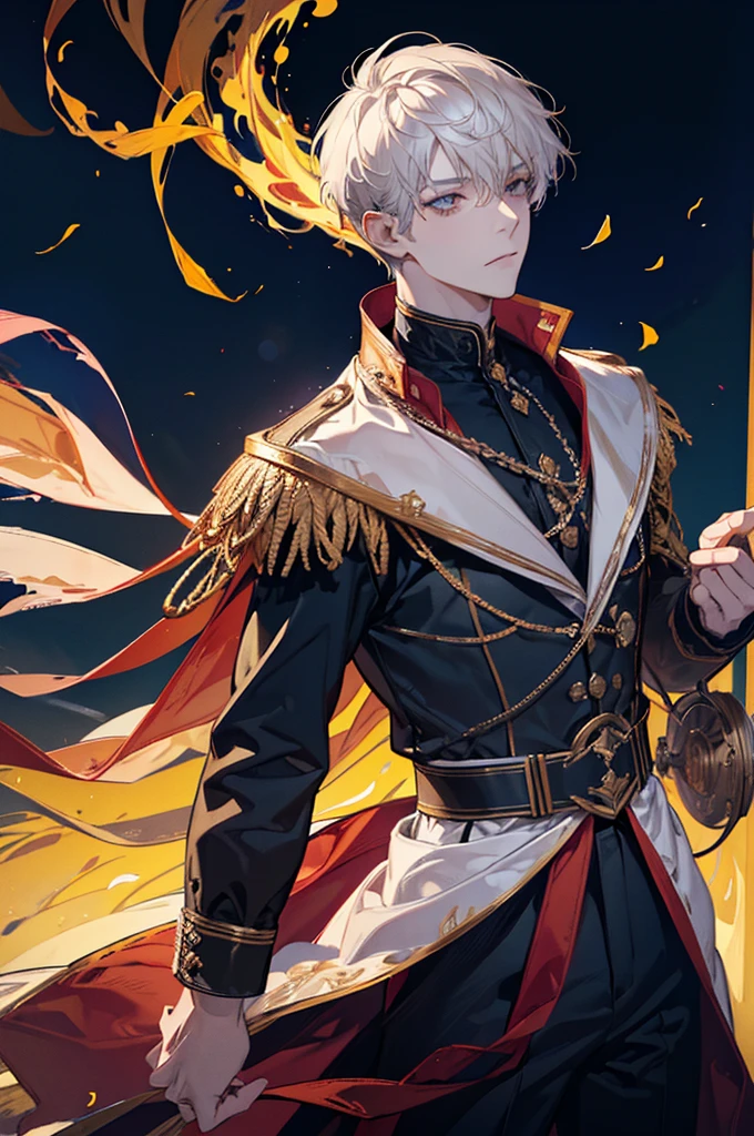 (absurdres, highres, ultra detailed), 1 male, adult, handsome, tall muscular guy, broad shoulders, finely detailed eyes and detailed face, fantasy, dark theme, cinematic lighting, colorful, portrait, flying petal, Flowery meadow, cloudy sky, building, sun, light, dutch angle, cowboy shot, golden hair, burning, golden flames, white and red uniform, short hair, standing in front of sun