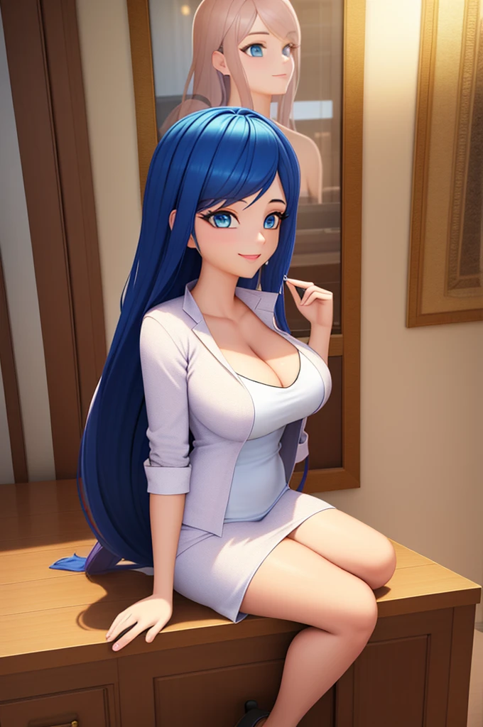 (8k, RAW photo, best quality, masterpiece:1.2), (intricate details), perfect eyes, perfect face, perfect lighting, beautiful, (masterpiece:1.2), (best quality:1.2), 1girl, Marinette, blue hair, ((long flowing hair)), adult torso, 19 years old, slight smile, huge sized breasts, cowboy shot, 3DMM, sitting on desk, business dress, profile, side view,