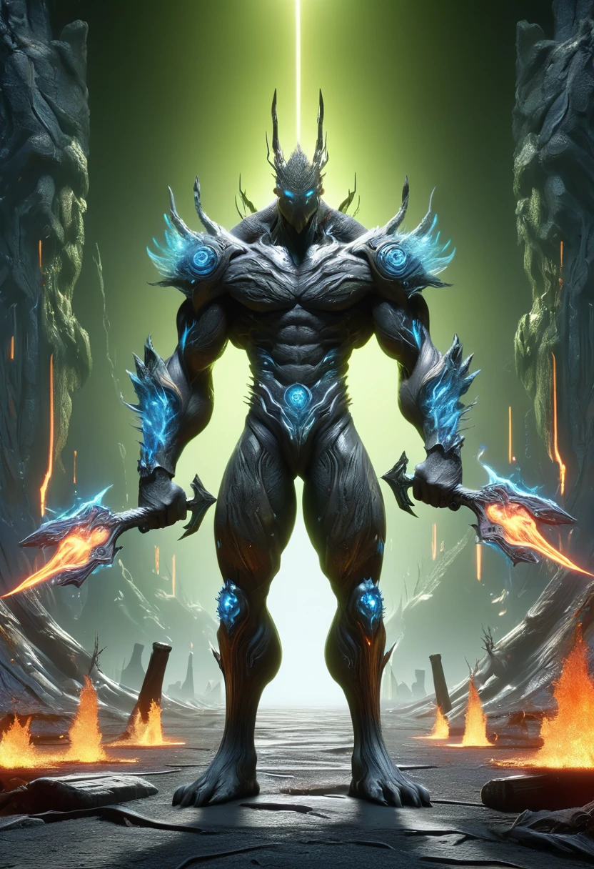 Refine and enhance the following anime-style character design: Body: Muscular and large build, with detailed muscle definition - Weapon: Holding a large, spiked iron club, A monster with glowing eyes and claws stands in front of the village, Fluid Wind Oak Chinese Arboreal Hydra, lava surface, Insect-like , wasteland, Camera angle: Wide shot to capture the full figure, whole body, upright posture, (Toe), (Finger detail on both hands)
