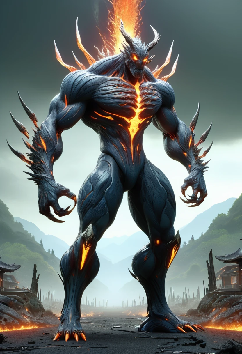 Refine and enhance the following anime-style character design: Body: Muscular and large build, with detailed muscle definition - Weapon: Holding a large, spiked iron club, A monster with glowing eyes and claws stands in front of the village, Fluid Wind Oak Chinese Arboreal Hydra, lava surface, Insect-like , wasteland, Camera angle: Wide shot to capture the full figure, whole body, upright posture, (Toe), (Finger detail on both hands)