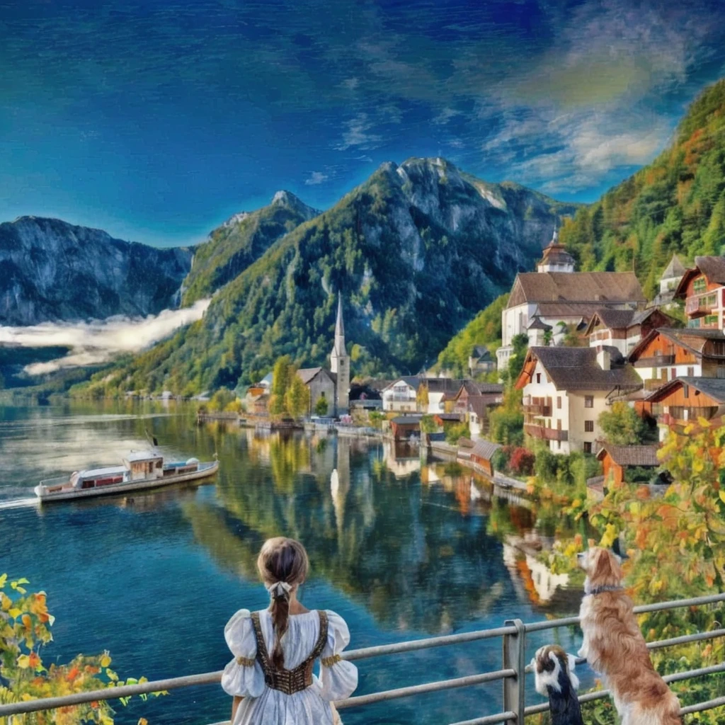 there is a woman and a dog looking at a lake, beautiful place, beautiful small town, realistic photo of a town, beautiful scenic view, fairy tale place, beautiful high resolution, very beautiful scenery, of a small village with a lake, highly detailed beautiful, wow it is beautiful, very very beautiful scenery, epic beautiful landscape, breathtaking scenery, beautiful landscape, breathtaking landscape
