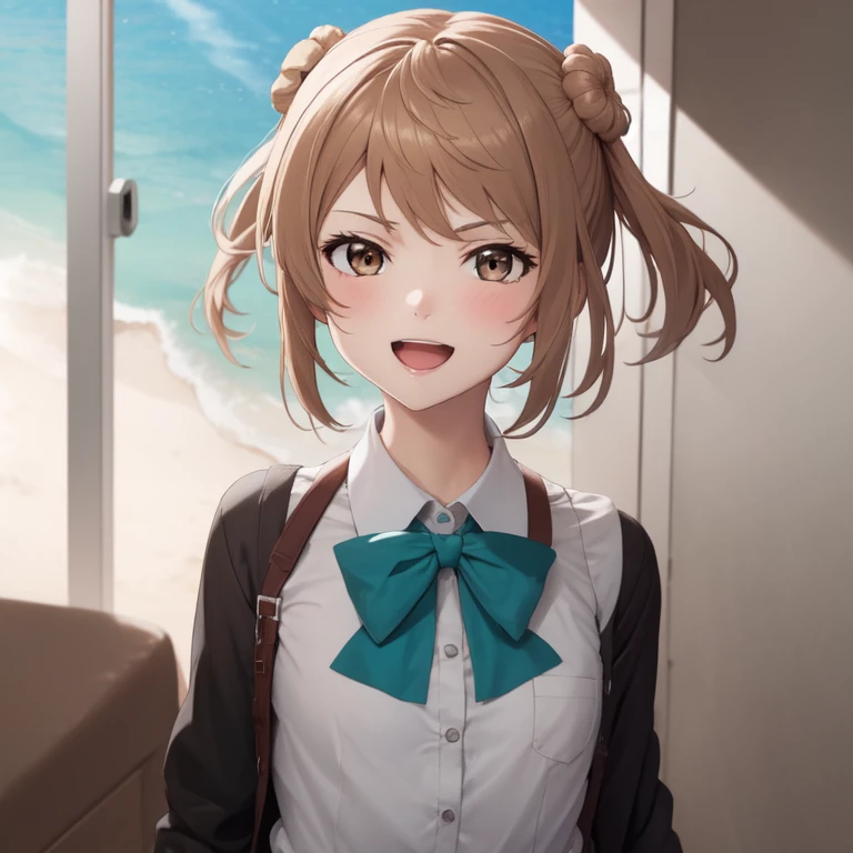 lovelive!,anime mouth,anime nose,serious,open mouth,((masterpiece)),(best quality),official art,extremely detailed CG,unity 8k wallpaper,ultra detailed,A lighthouse on a cliff by the sea,1girl,solo,upper body,(portrait:1.2),looking at viewer,double_bun,suspenders,short_twintails,school_uniform,brown_hair,white_shirt,black_socks,smile,brown_eyes,pleated_skirt,aqua_bow,loafers,serious,small breast
