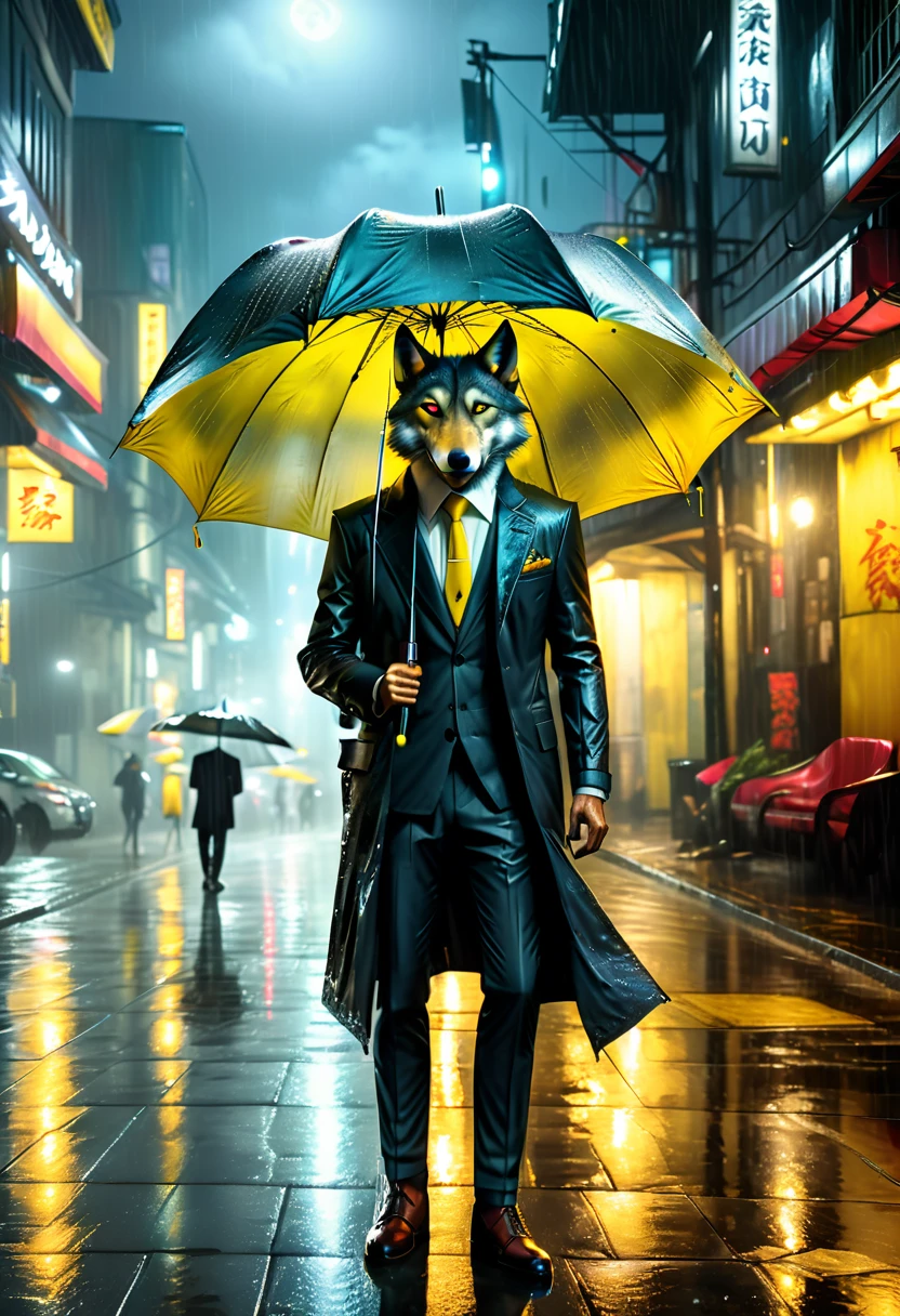 high details, best quality, 16k, RAW, [best detailed], masterpiece, best quality, (extremely detailed), full body, photorealistic, a picture of anthomprh wolf holding an umbrella in cyberpunk street at the rain at night, an epic anthomorph wolf with dynamoc color fur, red glowing eyes, howling to the moon at night, he wears an elegant suit and tie, dark pants, dynamic elegant pants, he is (holding a yellow umbrella: 1.3) , in a dark cyberpunk street at night there is a full moon, it is raining, (highest quality:1.2, Very detailed, up to date, Vibrant, Ultra-high resolution, High Contrast, masterpiece:1.2, highest quality, Best aesthetics), best details, best quality, highres, dynamic angle, 16k, [ultra detailed], masterpiece, best quality, (extremely detailed: 1.5), Intense gaze, xh, hand holding umbrella