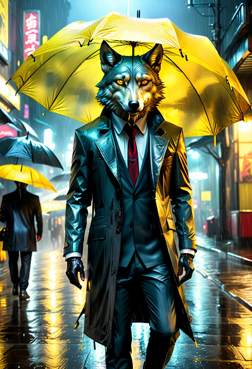 high details, best quality, 16k, RAW, [best detailed], masterpiece, best quality, (extremely detailed), full body, photorealistic, a picture of anthomprh wolf holding an umbrella in cyberpunk street at the rain at night, an epic anthomorph wolf with dynamoc color fur, red glowing eyes, howling to the moon at night, he wears an elegant suit and tie, dark pants, dynamic elegant pants, he is (holding a yellow umbrella: 1.3) , in a dark cyberpunk street at night there is a full moon, it is raining, (highest quality:1.2, Very detailed, up to date, Vibrant, Ultra-high resolution, High Contrast, masterpiece:1.2, highest quality, Best aesthetics), best details, best quality, highres, dynamic angle, 16k, [ultra detailed], masterpiece, best quality, (extremely detailed: 1.5), Intense gaze, xh, hand holding umbrella