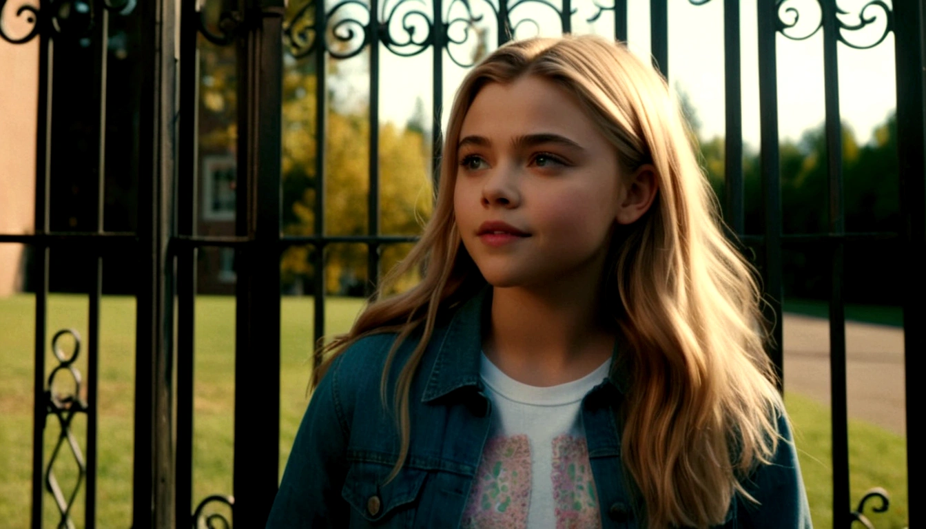 a close-up of a young girl in the background of the school she studies at, # film, film screenshot, wonderful scene, still from a live action film, still high quality film, Chloë Grace Moretz, Leica 8K ainda de um filme A24, shot from movie, opening scene, screenshot from a movie, still frame of a film, high resolution film
