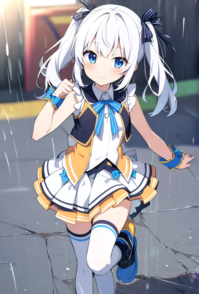 1 girl, cute, young, white hair, twintail, blue eyes, idol costume, thigh high socks, rain boots,