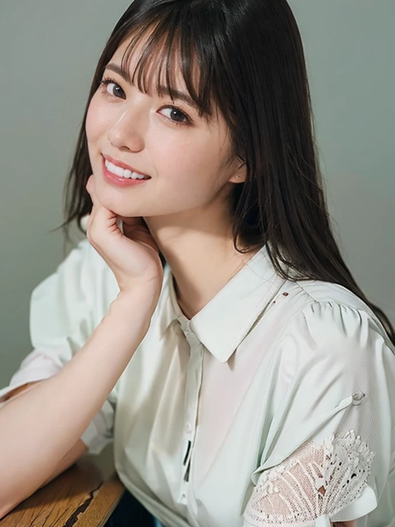 raw photo, 1girl, medium breast, collared blouse, White blouse, light smile, detailed skin, Are standing, simple background, Above the knee, photorealistic, masterpiece, best quality, anatomically correct