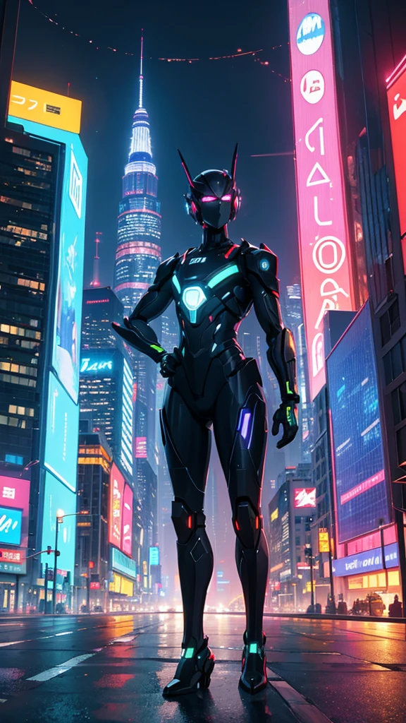 A futuristic night city: shiny glass skyscrapers sparkling with colorful neon lights in the night sky, bustling streets and car lights, with robots and drones flying overhead.Vibrant wallpaper HD 4K