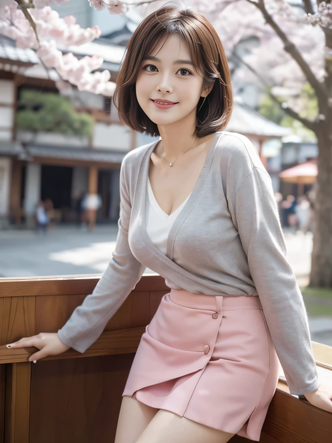Leanwg forward, mwi skirt, 50-year-old women,Retro Photography, 1960s , AGFA, Kodak, One girl, Lookwg_w_Audience, smile, Japan, Tokyo, Cherry Blossom, Octane Renderwg, 一人w, Very skwny,V-neck suit