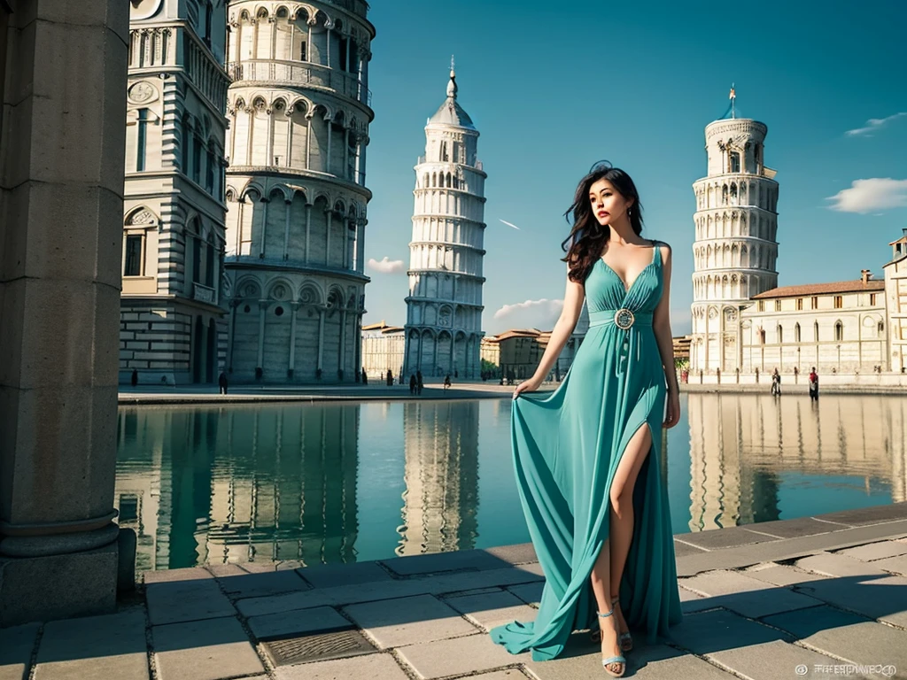 8K HD,Beautiful Asian model standing in front of the Leaning Tower of Pisa, Italy,Execute modeling steps。wear fashionable clothes,Teal long dress,Queen's dress,The clothes are embroidered with flowers,This dress has sequins and lace,Princess cake dress,Gorgeous retro palace style dress,- Wide hem,Long skirt with hem touching the ground,款式为时装周Haute couture连衣裙,Haute couture,Private custom,Fashion show model,big show,Tulle accessories on skirt。He wears a necklace around his neck,Short and delicate hair,hair curled up,Headdress,big eyes,wear high heel shoes,Luxury handbag,Very beautiful and moving,There is only one woman in the photo,Women make up a large proportion,In the background is a panoramic view of the Leaning Tower of Pisa,Smiling female model,stand up,Elegant and dignified posture,Photo-realistic images