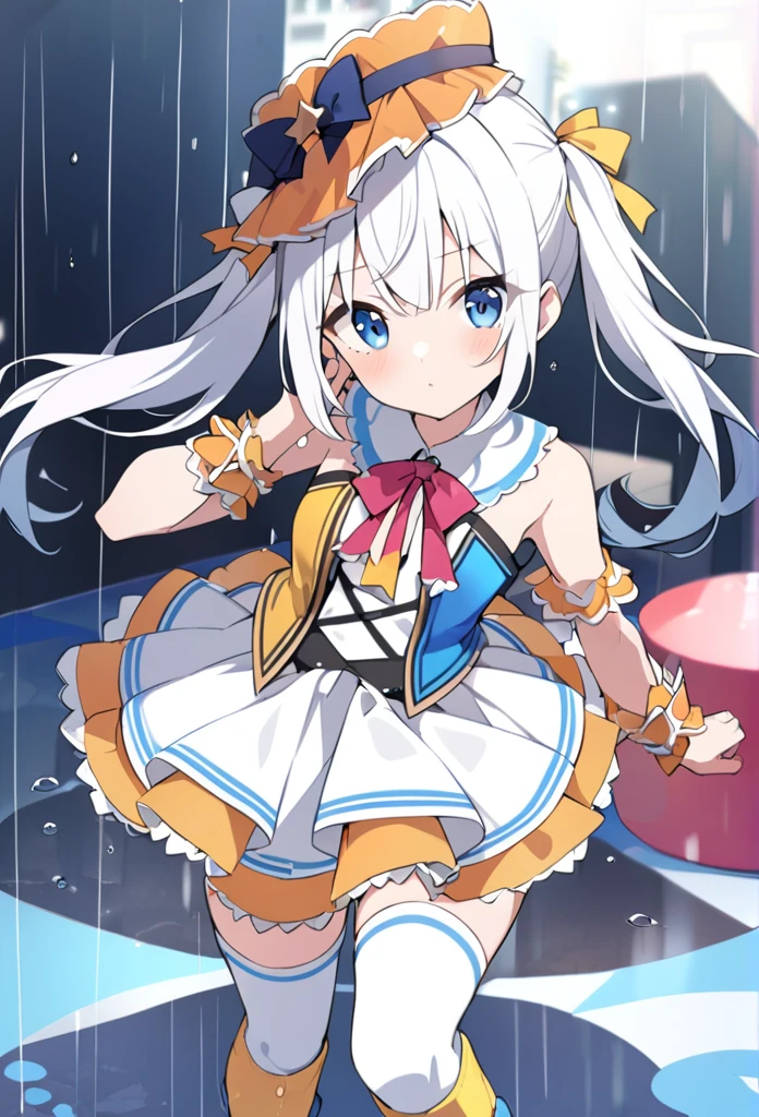 1 girl, cute, young, white hair, twintail, blue eyes, idol costume, thigh high socks, rain boots,
