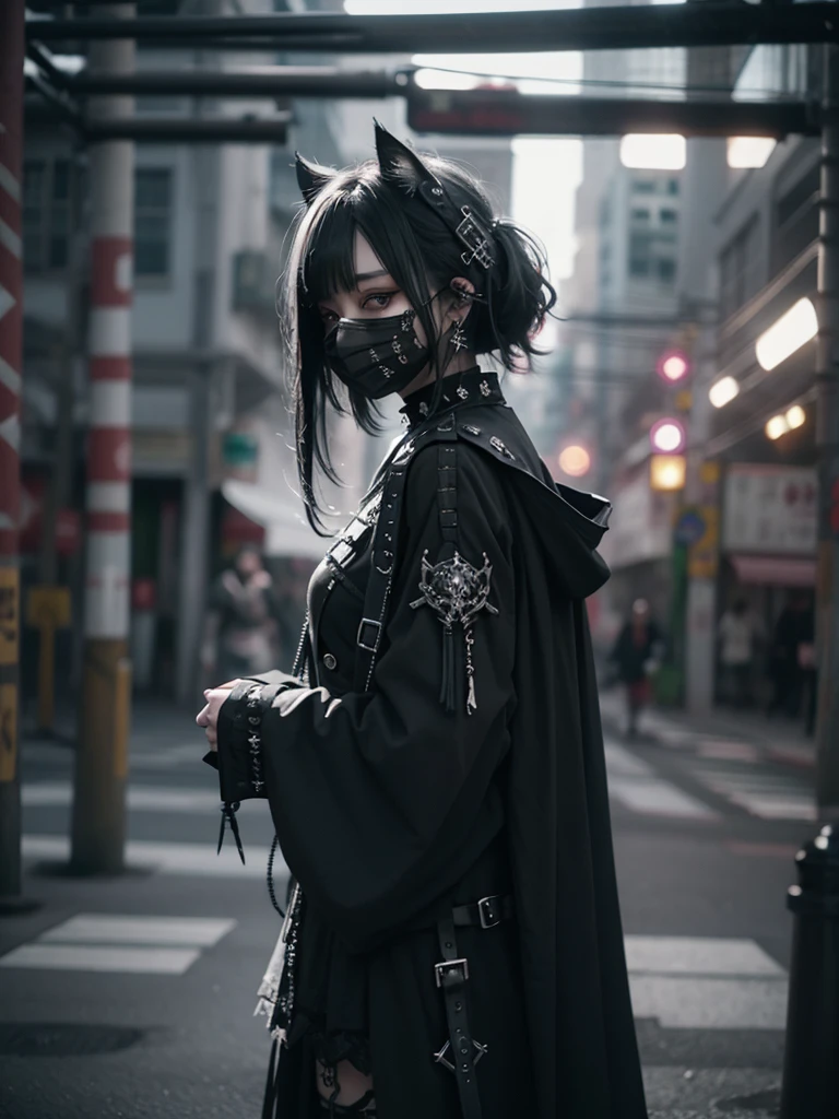 Highest quality、8K、masterpiece：1.3、Gothic Punk、The inside color is red、Black-haired、hair ornaments、Beautiful girl、creative、Dark Fantasy Style、Neogoth、Goth Fashion：1.2、High resolution、masterpiece、Highest quality、頭w:1.3、((Hasselblad Photos))、Fine skin、Sharp focus、(Cinematic lighting)、Realistic textured hair、((Black Mask)),Esbian all over、((View from below))