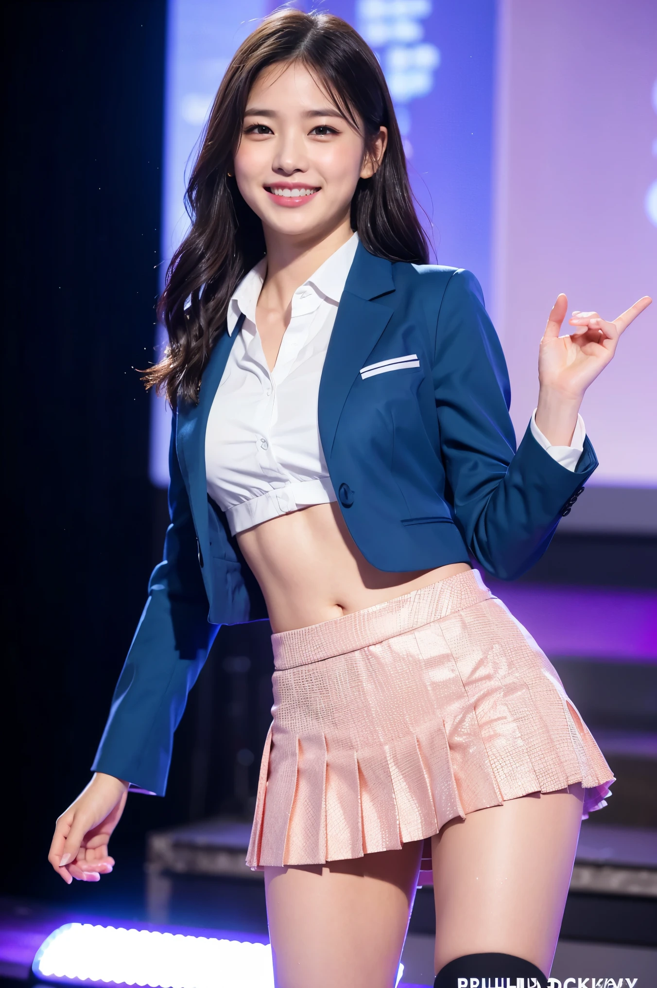 (8K), (highest quality: 1.2), (Realistic), (Realistic: 1.37), Ultra-high resolution, 1 girl, cute, (Embarrassed smile:1.2), (Blushing:1.4)Mouth closed, Beautiful details, Beautiful Nose, Wet Hair, giant dulcefo, pork, Thighs,Navel exposed,University Student Uniform,A simple blazer,Pleated check skirt,Platform boots,Dancing on the school stage,(Shiny Thighs:1.2),(ハイサイソックス:1.2),Medium Shot