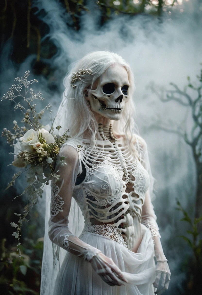 skeletal body, in an openwork wedding skeleton made of white ghostly thin lace and fog, long white hair, ribs and spine, a bouquet in hands, bright moon rays through the fabric and fog Fantasy photography, bokeh background, dark fantasy, botanical ivory, mystical surrealism, horror, very detailed, photorealistic, Cinematic, Masterpiece, half body portrait, dramatic shadow evocative analog film noise, half body portrait, cinematic, movie still, captured in the style of Sony Alpha A7 III camera