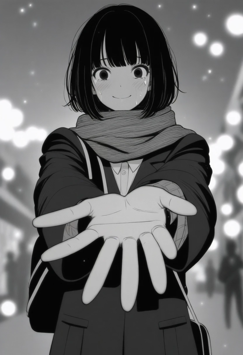 masterpiece, best quality, 1girl, mamerakkkkko, grayscale, manga style, japanese, chi no wadachi, black eyes, street, iced, black hair, schoolbag, smile, lineart, black coat, black scarf, black pleated skirt, leggins, centered, 18 years old, tall, fair skinned, bokeh background, crying, tears, tears streaming, bob cut, light particles, centered, snowing, (((reaching out a hand to viewer, perfect hand, detailed hand:1.1))