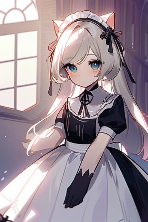 ((Лучшее качество)), ((шедевр)), (подробный), A girl with cat ears in a maid costume