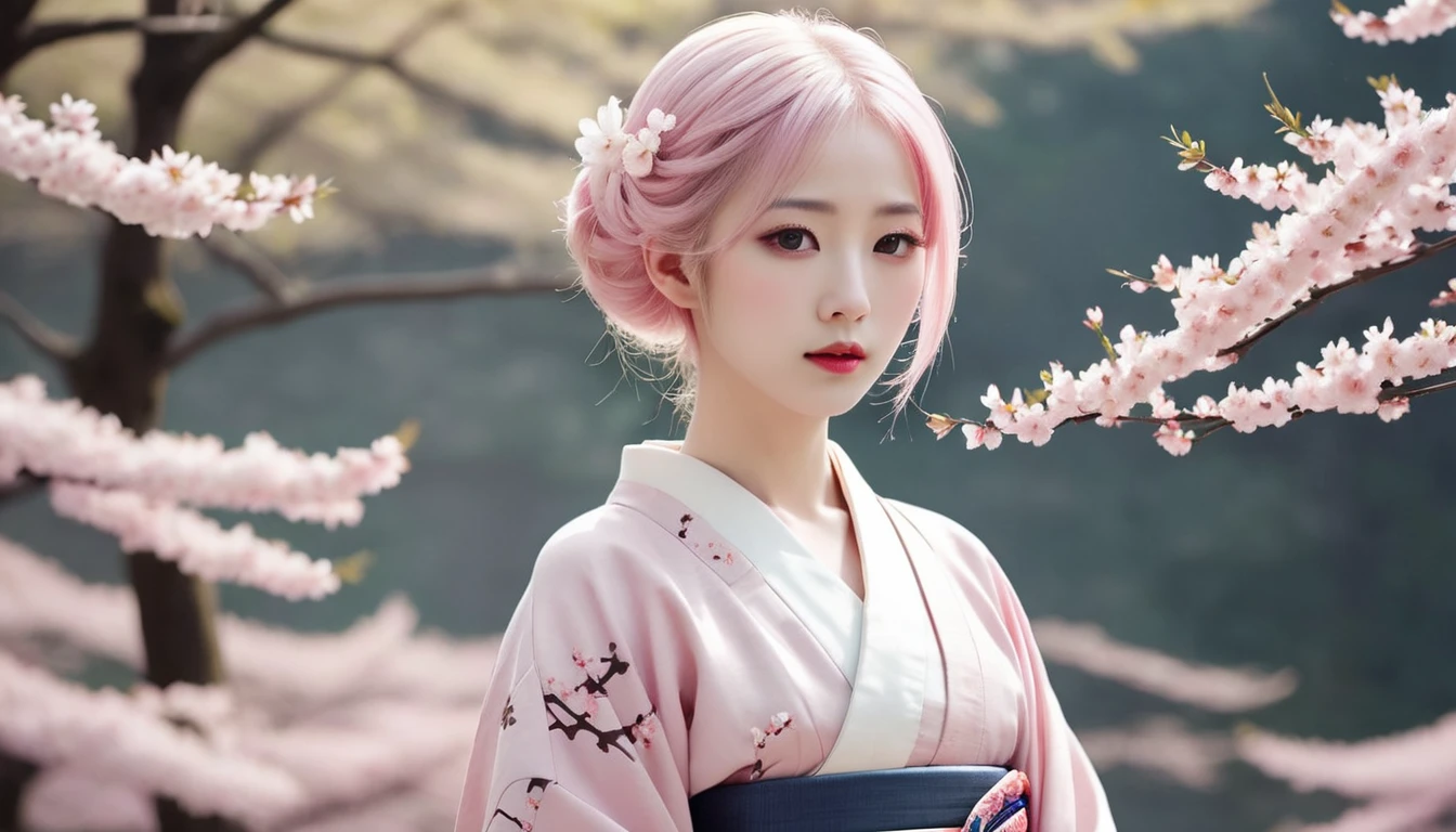 Surreal, Very detailed, High-resolution 16K images, A beautiful female ghost or guardian spirit. She has pale pink hair and clear skin., She is wearing a traditional Japanese kimono with a small cherry blossom pattern on the obi.。. This image captures the ethereal beauty and mystery of the spirit world.。. This style is delicate, The gentle aesthetics of traditional Japanese art.