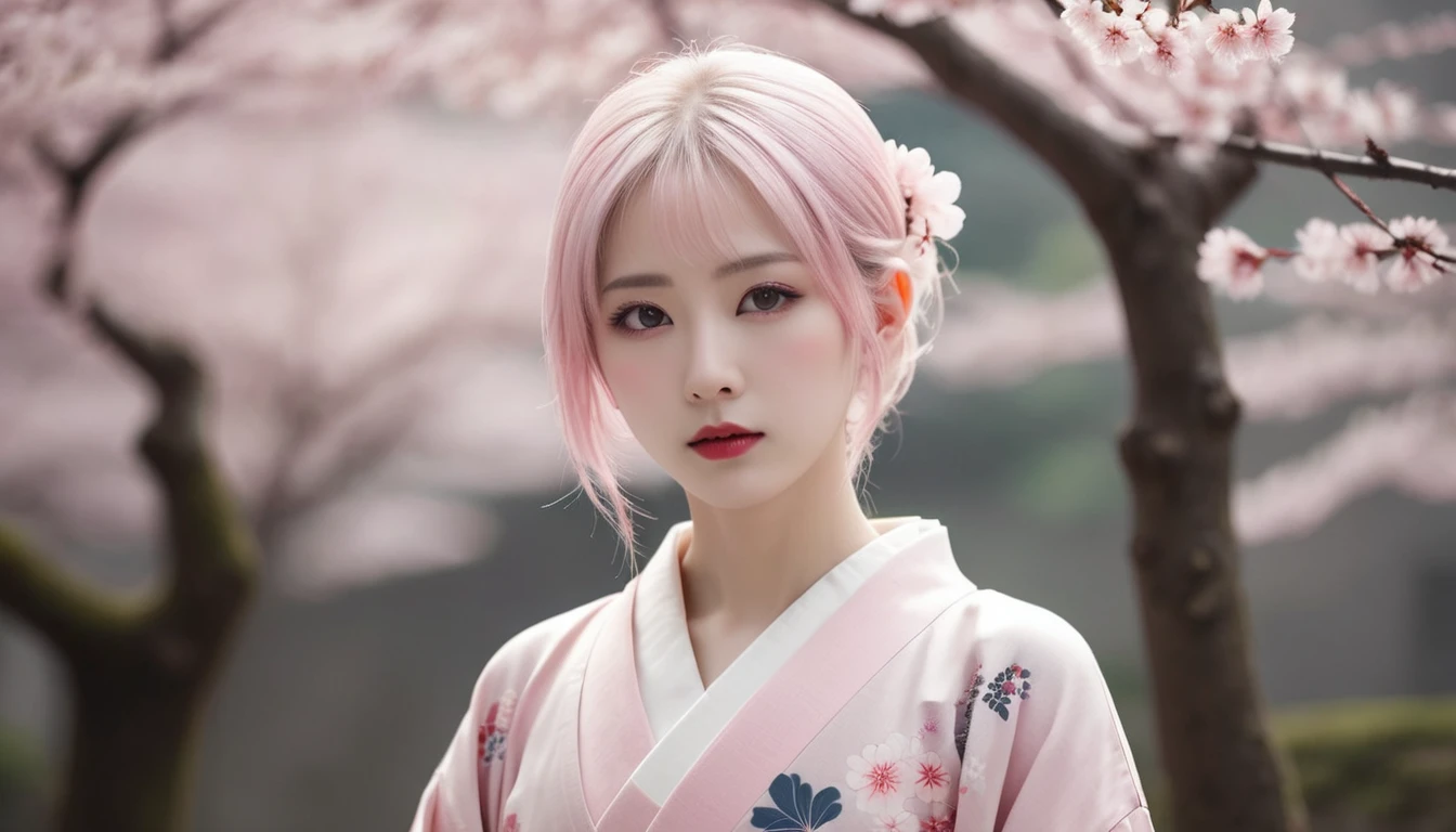 Surreal, Very detailed, High-resolution 16K images, A beautiful female ghost or guardian spirit. She has pale pink hair and clear skin., She is wearing a traditional Japanese kimono with a small cherry blossom pattern on the obi.。. This image captures the ethereal beauty and mystery of the spirit world.。. This style is delicate, The gentle aesthetics of traditional Japanese art.