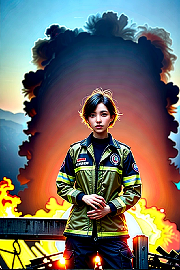 8K, masterpiece, Short-haired female firefighter standing inside a burning building, 