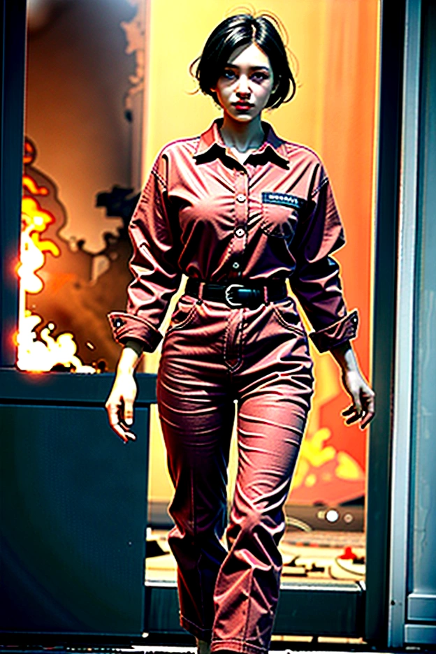 8K, masterpiece, Short-haired female firefighter standing inside a burning building, 
