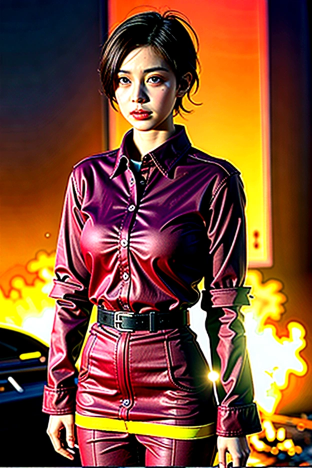 8K, masterpiece, Short-haired female firefighter standing inside a burning building,