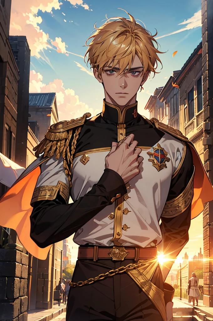(absurdres, highres, ultra detailed), 1 male, adult, handsome, tall muscular guy, broad shoulders, finely detailed eyes and detailed face, fantasy,roman, greek, reco-roman, dark theme, cinematic lighting, colorful, portrait, flying petal, Flowery meadow, cloudy sky, building, sun, light, dutch angle, cowboy shot, golden hair, burning, golden flames, white and red uniform, short hair, standing in front of sun