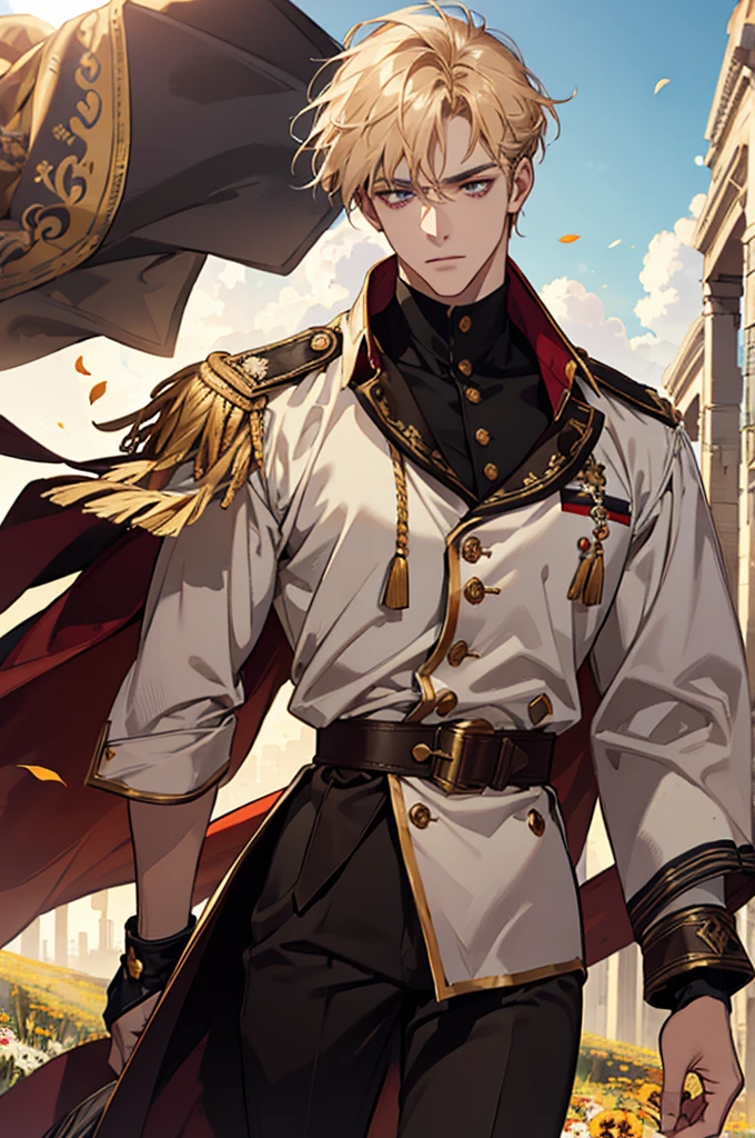 (absurdres, highres, ultra detailed), 1 male, adult, handsome, tall muscular guy, broad shoulders, finely detailed eyes and detailed face, fantasy,roman, greek, reco-roman, dark theme, cinematic lighting, colorful, portrait, flying petal, Flowery meadow, cloudy sky, building, sun, light, dutch angle, cowboy shot, golden hair, burning, golden flames, white and red uniform, short hair, standing in front of sun