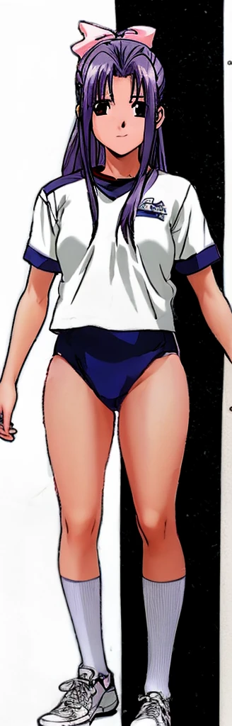 Momoko Koigakubo, a tall girl with beautiful legs, is standing with a smile on her face in a white gym uniform and light navy blue bloomers that look like panties.。