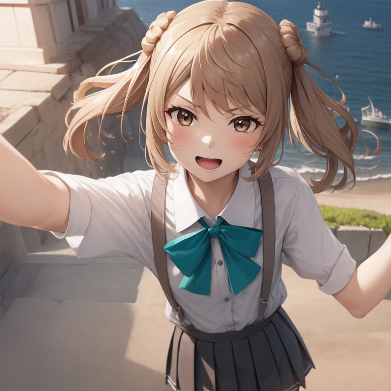 lovelive!,anime mouth,anime nose,angry,open mouth,((masterpiece)),(best quality),official art,extremely detailed CG,unity 8k wallpaper,ultra detailed,A lighthouse on a cliff by the sea,1girl,solo,upper body,(portrait:1.2),looking at viewer,double_bun,suspenders,short_twintails,school_uniform,brown_hair,white_shirt,black_socks,smile,brown_eyes,pleated_skirt,aqua_bow,loafers,serious,small breast