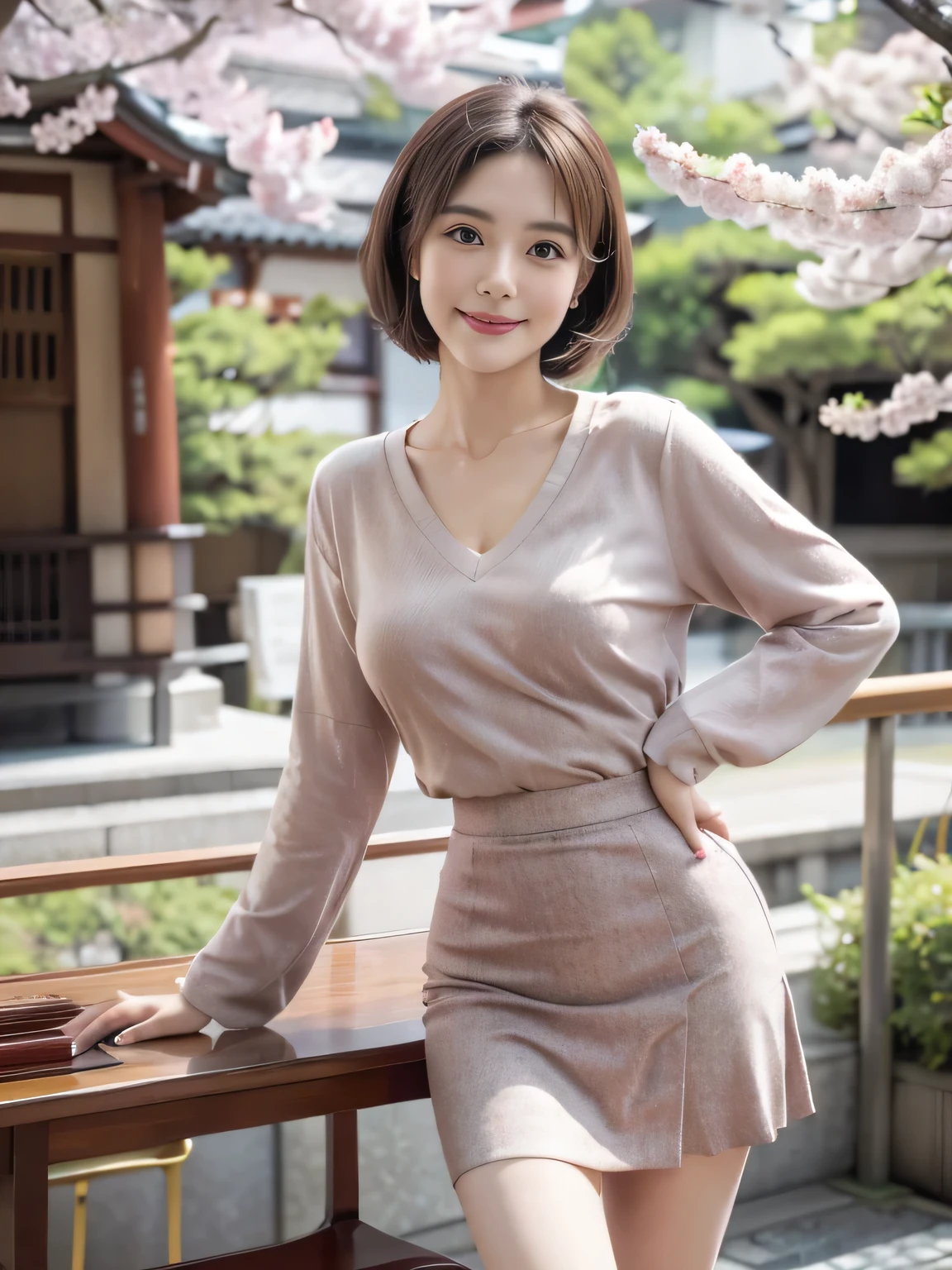 Leanwg forward, mwi skirt, 50-year-old women,Retro Photography, 1960s , AGFA, Kodak, One girl, Lookwg_w_Audience, smile, Japan, Tokyo, Cherry Blossom, Octane Renderwg, 一人w, Very skwny,V-neck suit
