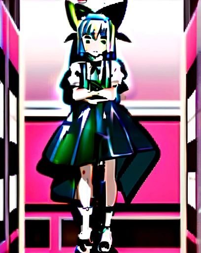 cirno,One girl, alone, ice_wing, green_bow, hair_bow, Crossed_arms, Puffy_short_sleeve, Closed_mouth, white_shirt, green_dress, ribbon, With collar_shirt, black_footwear, Mary_Janes, white_socks, Star-shaped leaves_student,symbol-shaped_student,. nice,Key Visual, Vibrant, Studio Anime,Award-winning, Professional, Very detailed,High budget, CinemaScope,