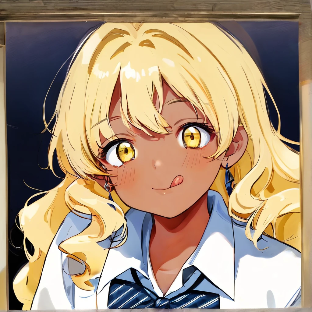 score_9,  sauce_anime, Break 1 Girl, Blonde, alone, Improve, jewelry, tongue, tongue out, Earrings, Long Hair, Yellow Eyes, bow, shirt, Dark skinned women, Kogal, Dark Skin, View your viewers, Upper Body, bowtie, white shirt, , blue Best, Best, bangs, Short sleeve, chest, :p, Wavy Hair, collared shirt, smile, blush, Striped, eyelash,