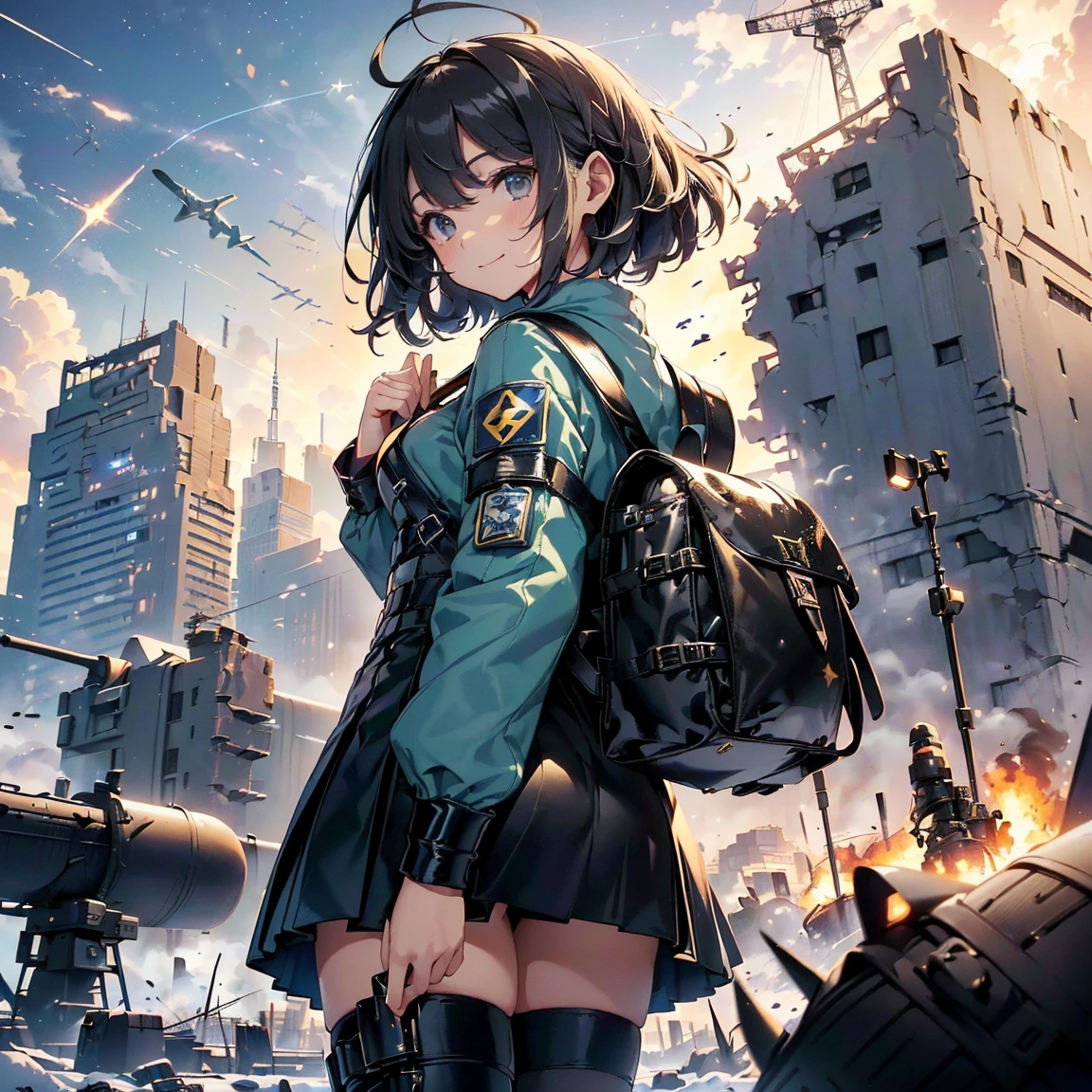 (Highest quality,masterpiece,final solution,album):(whole body、18 year old female fighter,thin、Very slim、Small face、cute、Black super short hair、Ahoge、Shiny patent leather clothing、黒のタイトでwhole bodyを保護する戦闘服,A kind smile、(Backpack:1.1)、tights、Knee-high boots、Knee Boots、Clothes that hide the thighs、Clothes that cover the buttocks)、(Time Machine、computer、Skyscraper Gun、Weapons of the Future、Real World、Plankton Rattle Field、Volumetric Fog、Grey Mist、cigarette、 explosion、Apocalyptic、Destroyed city background、Burning building:1.3、Starry Sky Skiing、Giant Moon、Earth、Destroyed giant robot、Radio tower、Planes flying overhead、Shooting Star Rocket Truck、Broken car、Derailed train、tank、Huge weapons、electronic equipment、Light Emitting Mechanism、Strong winds、cover、thunder、Light、Hello)