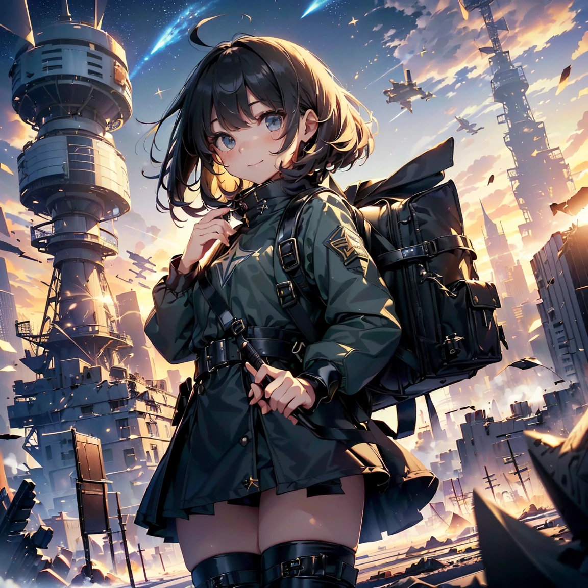 (Highest quality,masterpiece,final solution,album):(whole body、18 year old female fighter,thin、Very slim、Small face、cute、Black super short hair、Ahoge、Shiny patent leather clothing、黒のタイトでwhole bodyを保護する戦闘服,A kind smile、(Backpack:1.1)、tights、Knee-high boots、Knee Boots、Clothes that hide the thighs、Clothes that cover the buttocks)、(Time Machine、computer、Skyscraper Gun、Weapons of the Future、Real World、Plankton Rattle Field、Volumetric Fog、Grey Mist、cigarette、 explosion、Apocalyptic、Destroyed city background、Burning building:1.3、Starry Sky Skiing、Giant Moon、Earth、Destroyed giant robot、Radio tower、Planes flying overhead、Shooting Star Rocket Truck、Broken car、Derailed train、tank、Huge weapons、electronic equipment、Light Emitting Mechanism、Strong winds、cover、thunder、Light、Hello)