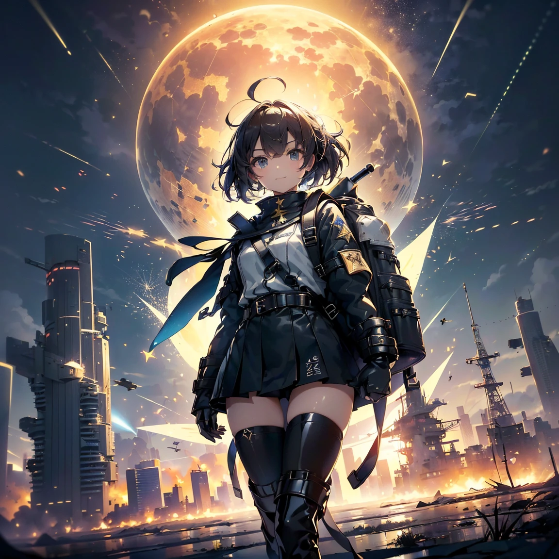 (Highest quality,masterpiece,final solution,album):(whole body、18 year old female fighter,thin、Very slim、Small face、cute、Black super short hair、Ahoge、Shiny patent leather clothing、黒のタイトでwhole bodyを保護する戦闘服,A kind smile、(Backpack:1.1)、tights、Knee-high boots、Knee Boots、Clothes that hide the thighs、Clothes that cover the )、(Time Machine、computer、Skyscraper Gun、Weapons of the Future、Real World、Plankton Rattle Field、Volumetric Fog、Grey Mist、cigarette、 explosion、Apocalyptic、Destroyed city background、Burning building:1.3、Starryy Skiing、Giant Moon、Earth、Destroyed giant robot、Radio tower、Planes flying overhead、Shooting Star Rocket Truck、Broken car、Derailed train、tank、Huge weapons、electronic equipment、Light Emitting Mechanism、Strong winds、cover、thunder、Light、Hello)