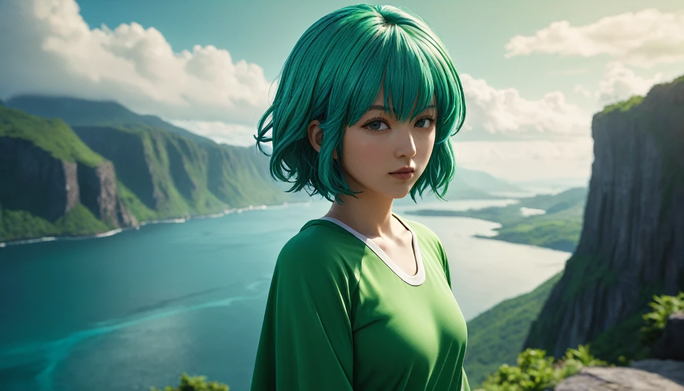 Tatsumaki, One Punch Man,masterpiece, 最high quality, high quality, Very detailed 8k CG unit wallpaper, scenery, Outdoor, null, cloud, Day, water, wood, blue null, waterfall, cliff, nature, lake, river, cloudy null, Award-winning photography, Bokeh, Depth of written boundary, High resolution, flower, chromatic aberration, Realistic, Very detailed, Art Station Trends, CGsociety Trends, Complex,  High detail, dramatic, Art on the go