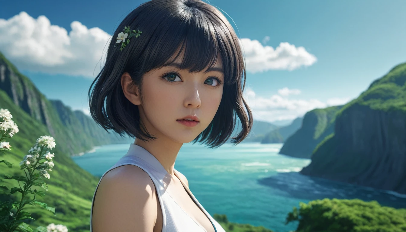 Tatsumaki, One Punch Man,masterpiece, 最high quality, high quality, Very detailed 8k CG unit wallpaper, scenery, Outdoor, null, cloud, Day, water, wood, blue null, waterfall, cliff, nature, lake, river, cloudy null, Award-winning photography, Bokeh, Depth of written boundary, High resolution, flower, chromatic aberration, Realistic, Very detailed, Art Station Trends, CGsociety Trends, Complex, High detail, dramatic, Art on the go