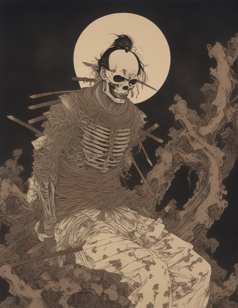 japanese line art    , a samurai( tied up  to a wooden steak with several arrows stuck in him,:1.2) lower body missing visible skeletal structure , ripped rags, rope and bloody ground, black skies and large moon , floral damask background ,  in the style of  takato yamamoto    , 