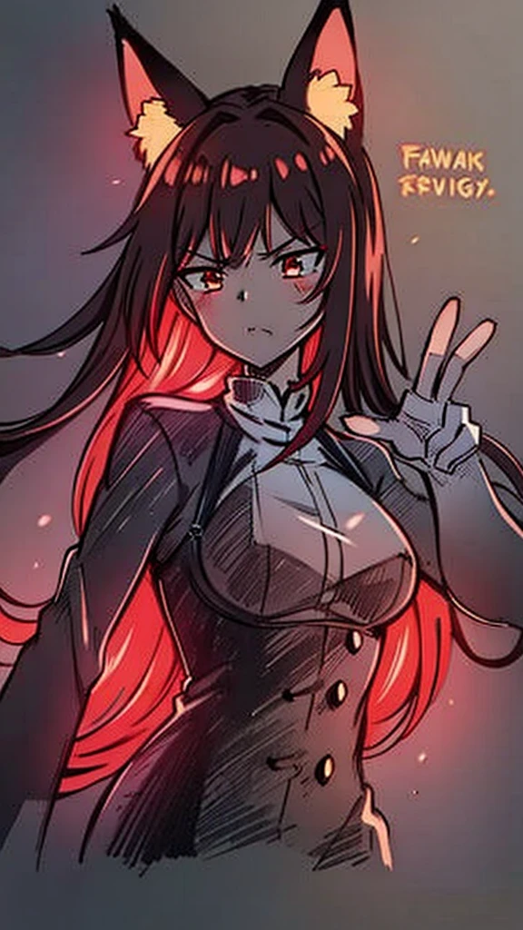 1girl ,20s,angry face,black bodysuit,(red hair),long hair,fox ears, sunny, park,peace_sign,SKETCH,DRAWING