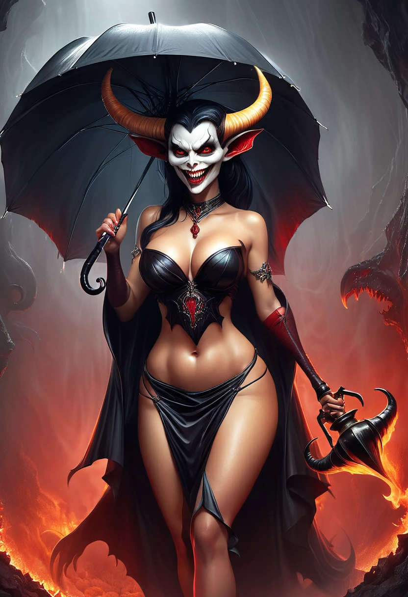 A digital hyperrealistic painting of a cheerful, alluring demoness sauntering through the depths of hell, carrying an umbrella linked to her horn, as ingeniously portrayed by Tiago Hoisel and eloquently referenced with Kelley Jones' style, features a meticulously accurate anatomy of the demoness, richly detailed inked background captures the unearthly beauty, uncanniness, and breathtaking atmospheric depth. High Resolution, High Quality , Masterpiece