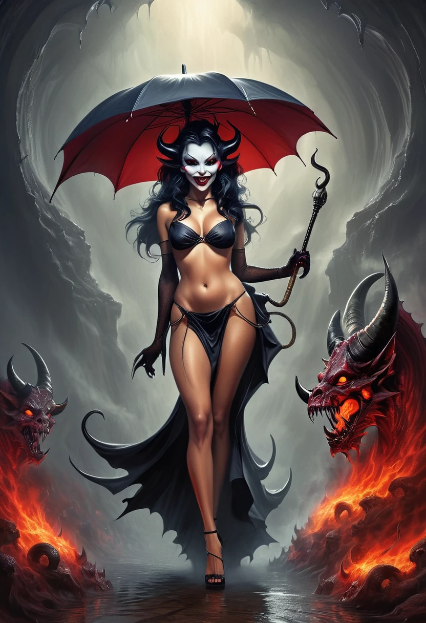 A digital hyperrealistic painting of a cheerful, alluring demoness sauntering through the depths of hell, carrying an umbrella linked to her horn, as ingeniously portrayed by Tiago Hoisel and eloquently referenced with Kelley Jones' style, features a meticulously accurate anatomy of the demoness, richly detailed inked background captures the unearthly beauty, uncanniness, and breathtaking atmospheric depth. High Resolution, High Quality , Masterpiece