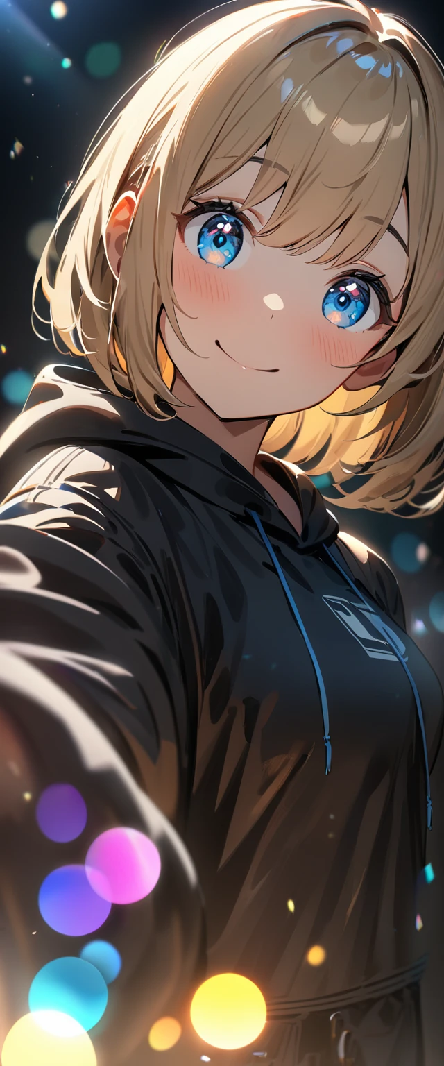 (((One girl))), blond hair, bob cut, (upper body), face in focus, (looking at viewer), breasts, teenager, head tilt:1.3, (((blue eye))), tareme, (from side), selfie, reaching, ((happy smile)), black hoodie:1.3, black shorts:1.3, anime style, (best quality, 4k, 8k, highres, masterpiece:1.2, ultra-detailed, ultra-detailed eyes, HDR, UHD, studio lighting, ultra-fine painting, sharp focus, physically-based rendering, extreme detail description, professional, vivid colors, bokeh)