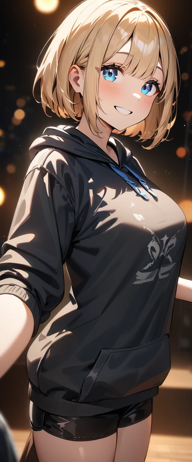 (((One girl))), blond hair, bob cut, (upper body), face in focus, (looking at viewer), breasts, teenager, head tilt:1.3, (((blue eye))), tareme, (from side), selfie, reaching, ((happy smile)), black hoodie:1.3, black shorts:1.3, anime style, (best quality, 4k, 8k, highres, masterpiece:1.2, ultra-detailed, ultra-detailed eyes, HDR, UHD, studio lighting, ultra-fine painting, sharp focus, physically-based rendering, extreme detail description, professional, vivid colors, bokeh)