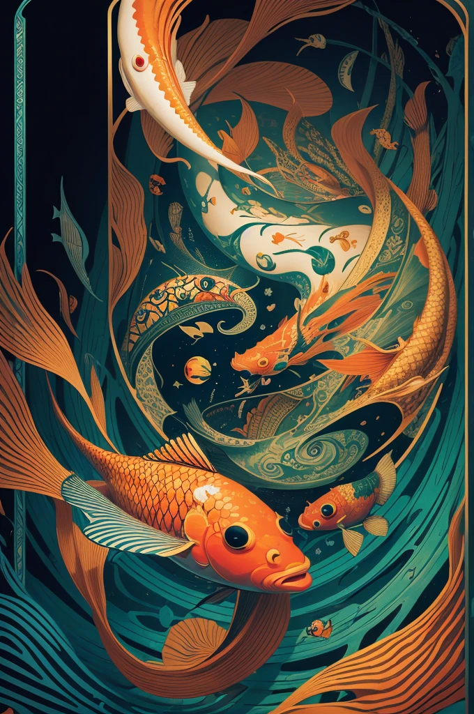 tarot card, illustration masterpiece, graphic optical art, oniric surrealist koi clownfishwife, fine art, surrealism, dali, --ar 4:5 --stylize 75