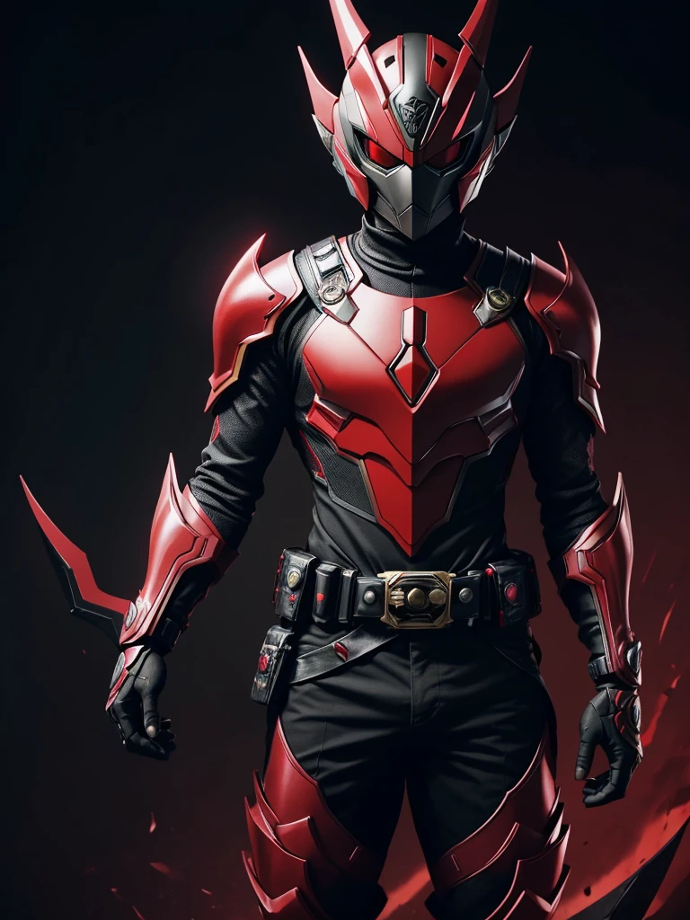 1 male. Kamen rider. Dragon styled kamen rider. Red and black female kamen rider suit. Dragon styled full face kamen rider helmet. No face exposed. No hair exposed. Kamen rider belt. Standing pose. Dark Red background