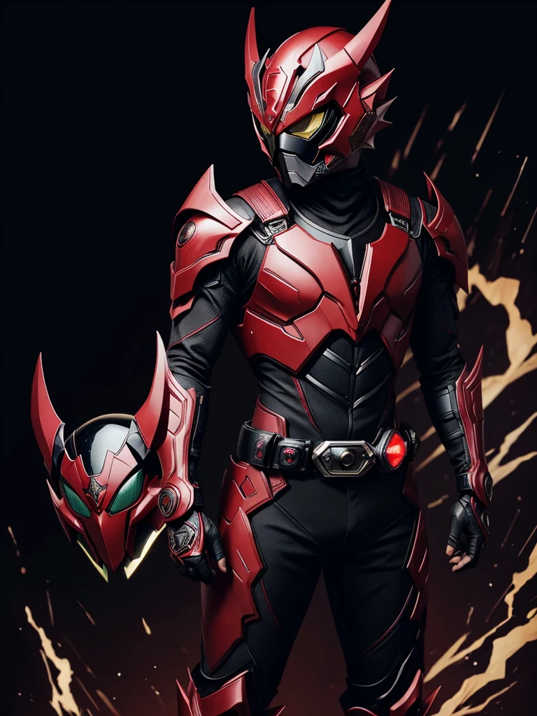 1 male. Kamen rider. Dragon styled kamen rider. Red and black female kamen rider suit. Dragon styled full face kamen rider helmet. No face exposed. No hair exposed. Kamen rider belt. Standing pose. Dark Red background