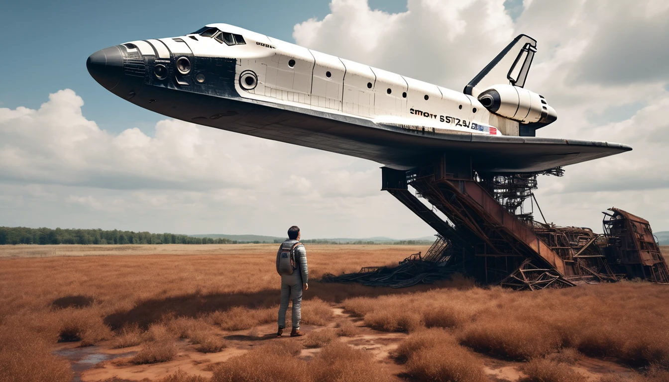 Space Shuttle in a Rusty Field, Landscape Village, Standing person々, Realistic, Simon Starenhug Style