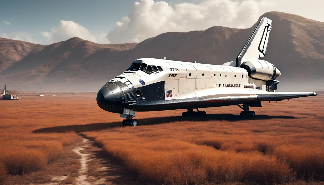 Space Shuttle in a Rusty Field, Landscape Village, Standing person々, Realistic, Simon Starenhug Style
