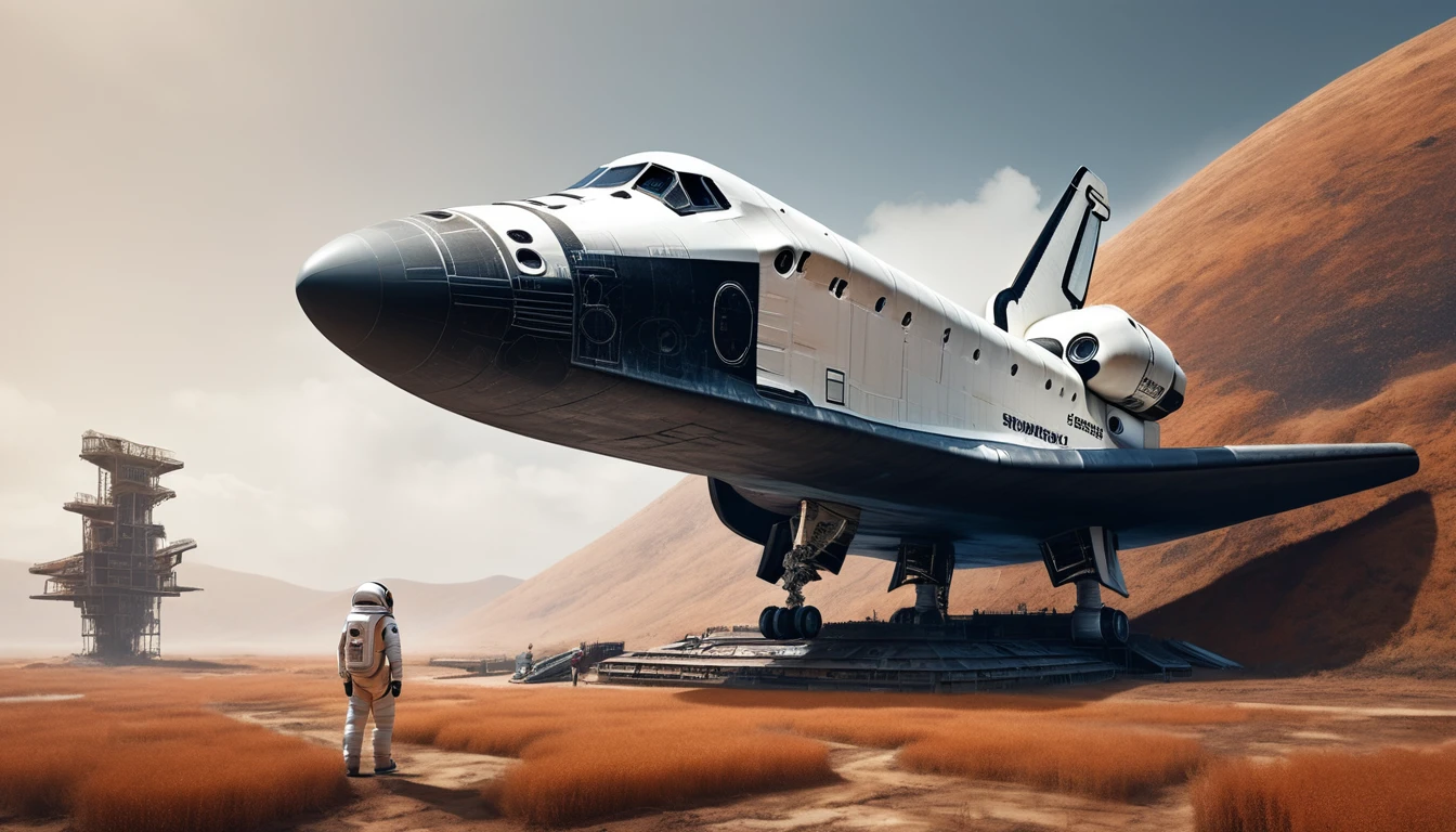 Space Shuttle in a Rusty Field, Landscape Village, Standing person々, Realistic, Simon Starenhug Style
